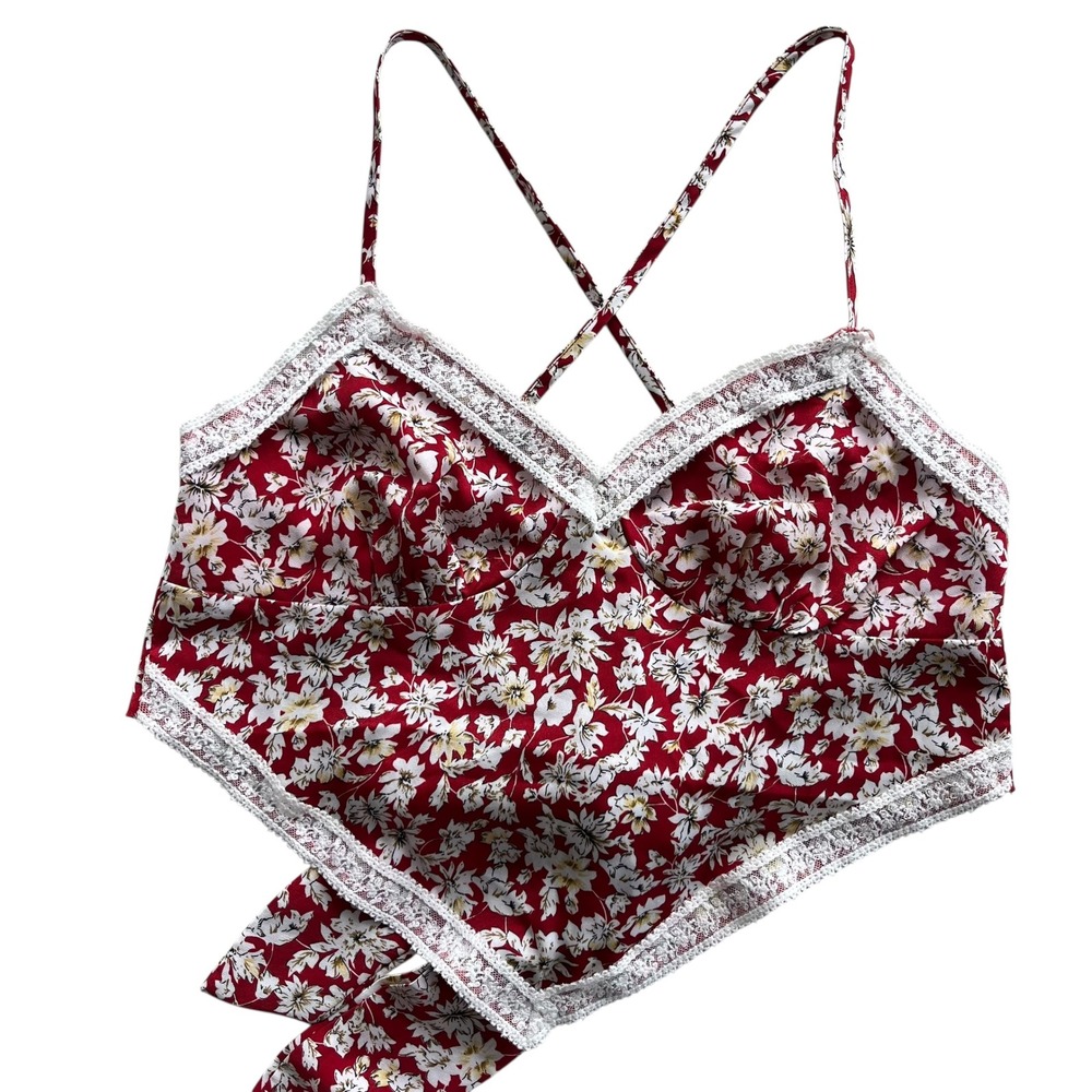 French Kiss Women's M Red White Floral Strappy Lace Trim Tie Back Crop Tank Boho